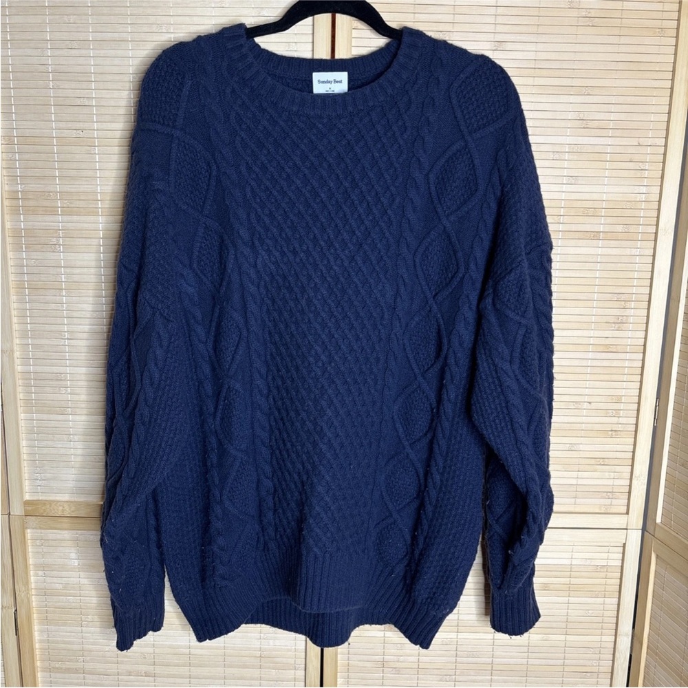 ARITZIA Sunday Best Peggy Sweater Crewneck Cable-Knit Wool Dark Blue Size M